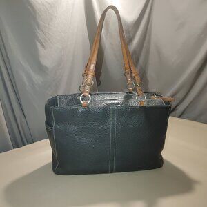 Coach Black Leather Tote Bag With Tan Straps & Silver Hardware